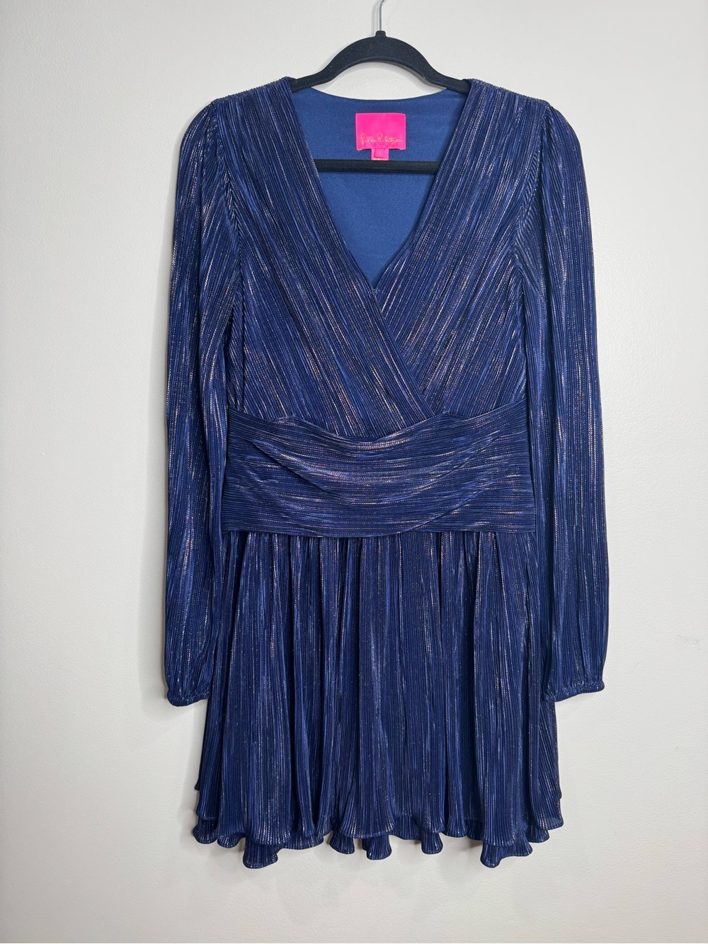 Lilly Pulitzer Jessamie Plisse Long Sleeve Dress Low Tide Navy Gold Metallic 4